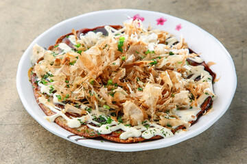 Okonomiyaki with katsuobushi, a Japanese dish