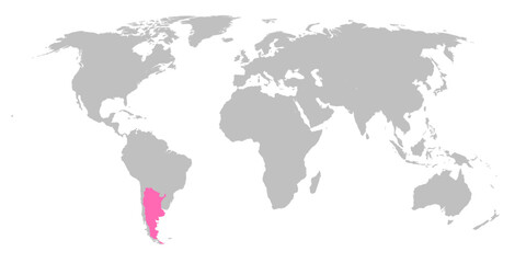 Vector map of the world with the country of Argentina highlighted in Pink on grey white background.