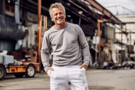 Lifestyle portrait photography of a joyful mature man wearing soft sweatpants against a busy construction site background. With generative AI technology