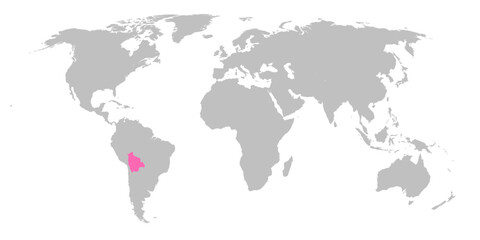Vector map of the world with the country of Bolivia highlighted in Pink on grey white background.