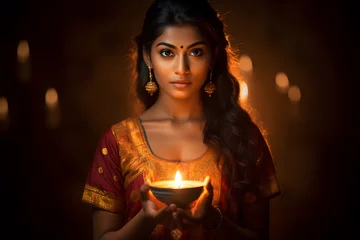 Papier Peint photo Lieu de culte Beautiful fictional indian girl, holding diwali candle, Hindu festival of light, red and orange dress, Generative AI