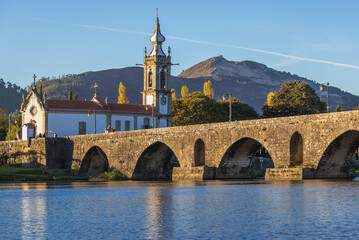 Church of Santo Antonio da Torre Velha and Roman bridge in Ponte de Lima town in historical Minho Province, Portugal