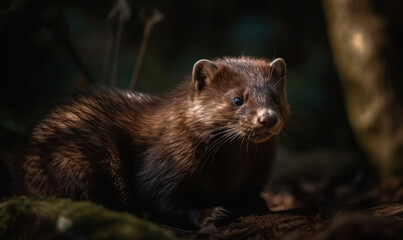 Photo of mink (mammal), captured in a typical woodland setting, with its sleek fur glistening in the dappled sunlight. Generative AI
