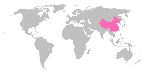 Vector map of the world with the country of China highlighted in Pink on grey white background.