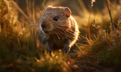 photo of lemming jumping in tall grass at sunset. Generative AI - obrazy, fototapety, plakaty
