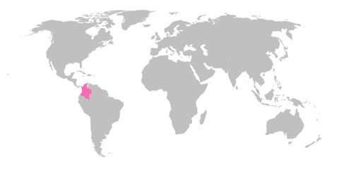 Vector map of the world with the country of Colombia highlighted in Pink on grey white background.