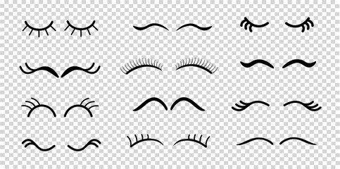 Set of closed eyes. Female black eyelashes. Cute animal or unicorn eyes. Icons in cartoon style. Vector, isolated elements.	