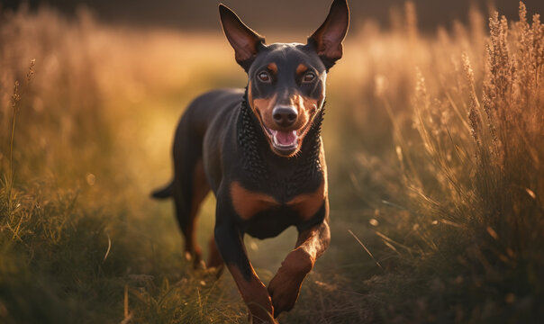 photo of Miniature Pinscher in tall grass at sunset. Generative AI