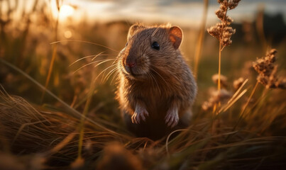 photo of lemming standing in tall grass at sunset. Generative AI - obrazy, fototapety, plakaty