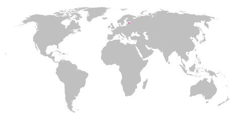 Vector map of the world with the country of Estonia highlighted in Pink on grey white background.