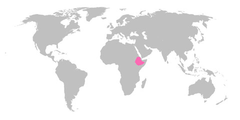Vector map of the world with the country of Ethiopia highlighted in Pink on grey white background.