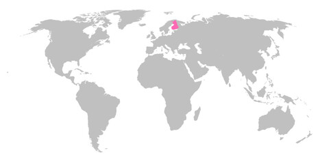 Vector map of the world with the country of Finland highlighted in Pink on grey white background.