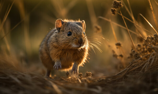 photo of lemming jumping in tall grass at sunset. Generative AI