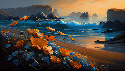 Painting of an ocean view of beautiful flowers