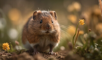 Photo of meadow vole, captured in exquisite detail as it scurries through a field of wildflowers, showcasing its adorable features and swift movements. Generative AI