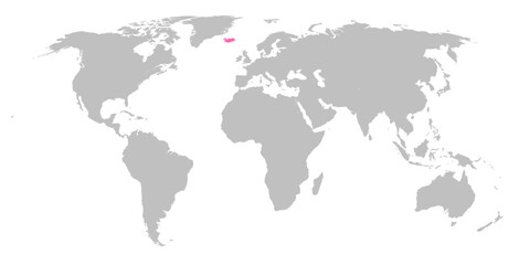Vector map of the world with the country of Iceland highlighted in Pink on grey white background.