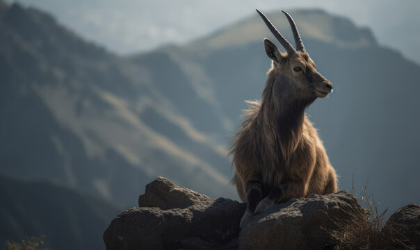 Photo of markhor (Capra falconeri), perched on a rocky outcrop overlooking a sprawling mountain range. images highlighs the markhor's majestic horns and striking coat. Generative AI