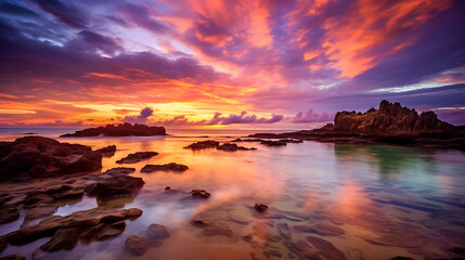 Fototapeta premium Mesmerizing Photograph (by ai) of a Tranquil Beach and Vibrant Sky - Generative AI, Generatieve, AI
