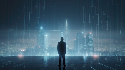 Futuristic Business Concept Businessman Stand next to the office window