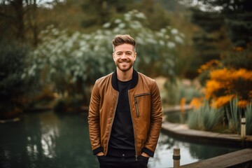 Medium shot portrait photography of a grinning boy in his 30s wearing a sleek bomber jacket against a tranquil koi pond background. With generative AI technology
