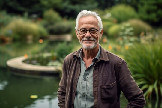 Medium shot portrait photography of a grinning mature man wearing a smart pair of trousers against a tranquil koi pond background. With generative AI technology