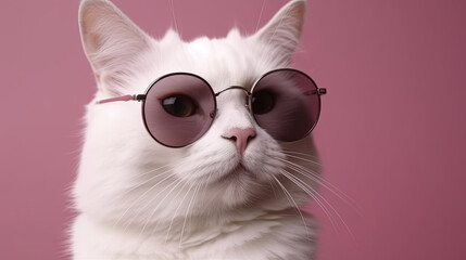 Close up portrait of white furry cat in fashion sunglasses