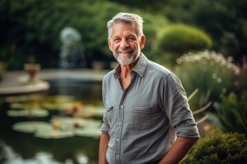 Naklejka na ściany i meble Medium shot portrait photography of a grinning mature man wearing a smart pair of trousers against a tranquil koi pond background. With generative AI technology