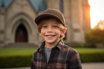 Medium shot portrait photography of a happy kid male wearing a cool cap against a historic church background. With generative AI technology