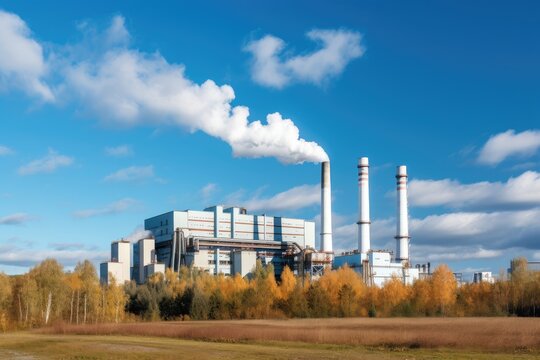 modern biomass power plant, with smoke billowing from its chimneys, created with generative ai