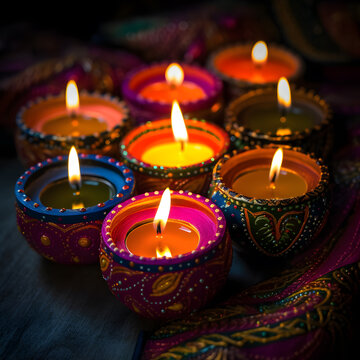 Close up image of colorful decorated diwali candles, Hindu festival of lights celebration, Generative AI
