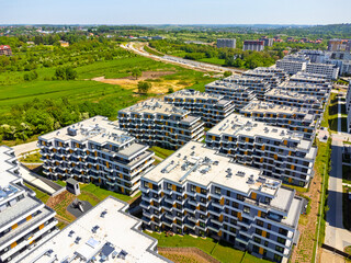 Aerial view landscape, a modern estate with nice blocks of flats taken from a drone. Poland Cracow. 