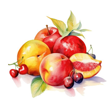 Watercolor illustration of still life with fruits on transparent background. Ai generative.