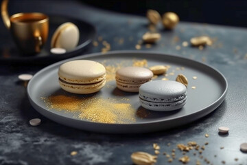 Obraz na płótnie Canvas Tasty macaroons on a stone table with golden glitter. Super photo realistic background, generative ai illustration