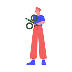 Sale with Man Character Holding Percentage Sign Shopping and Making Purchase Vector Illustration