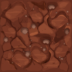 Ground texture, soil top view in cartoon style with stones and texture seamless. Game interface background, brown earth. 