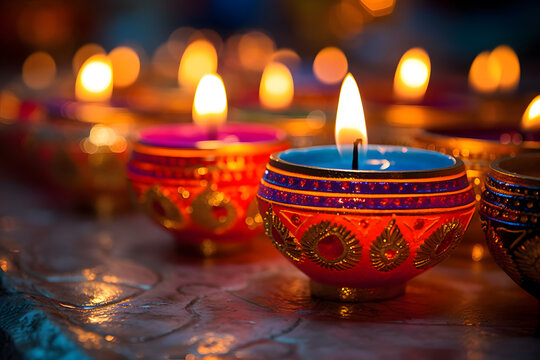 Close up image of decorated vibrant diwali candles, Hindu festival of light, Generative AI