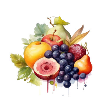 Watercolor illustration of still life with fruits on transparent background. Ai generative.