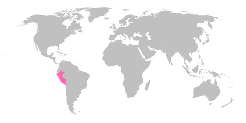 Fototapeta na wymiar Vector map of the world with the country of Peru highlighted in Pink on grey white background.