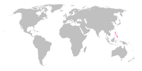 Vector map of the world with the country of Philippines highlighted in Pink on grey white background.