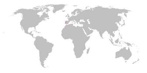 Fototapeta na wymiar Vector map of the world with the country of Portugal highlighted in Pink on grey white background.