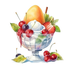 Fruit salad with vanilla ice cream in glass sundae dish cup isolated on transparent background. Ai generative.