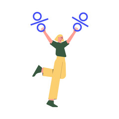 Sale with Woman Character with Percentage Sign Shopping and Making Purchase Vector Illustration