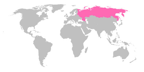 Vector map of the world with the country of Russia highlighted in Pink on grey white background.