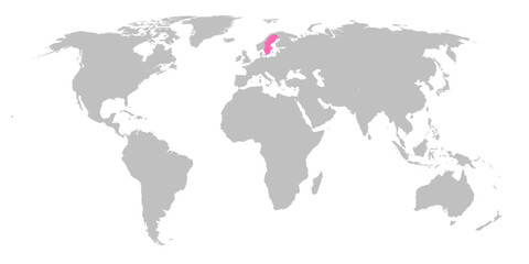 Vector map of the world with the country of Sweden highlighted in Pink on grey white background.