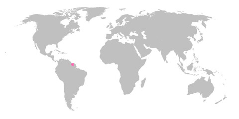 Fototapeta na wymiar Vector map of the world with the country of Suriname highlighted in Pink on grey white background.