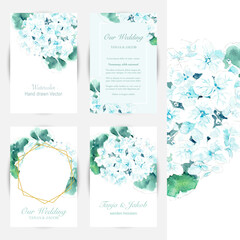 Floral set of invitation cards. Watercolor drawing of Hortensia (Hydrangea) flower. Gold hexagon frame. Pastel faded sky-blue and green hues.