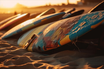 Surfboards on the sandy seashore, where the golden sunset enveloped in its light. Generative AI.