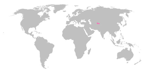 Vector map of the world with the country of Tajikistan highlighted in Pink on grey white background.