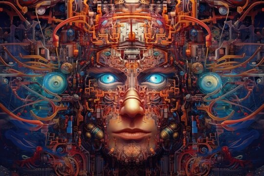 Conceptual artwork showcasing the intersection of artificial intelligence and robotics with a portrait of a man robot and an android face. Generative AI