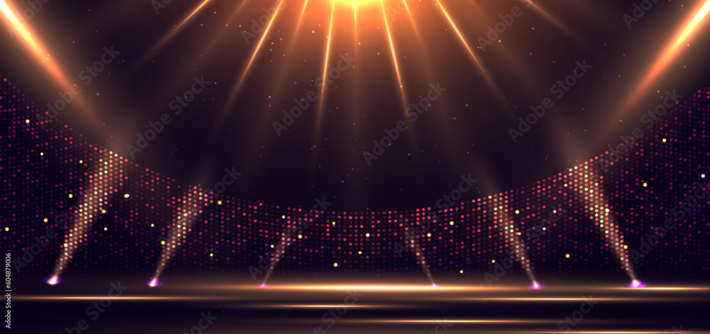 Wall mural elegant golden stage horizontal glowing with lighting effect sparkle on dark background. template pr
